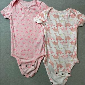 2 Carters girls short sleeve 12m pink Dino Print and giraffe/elephant onesies
